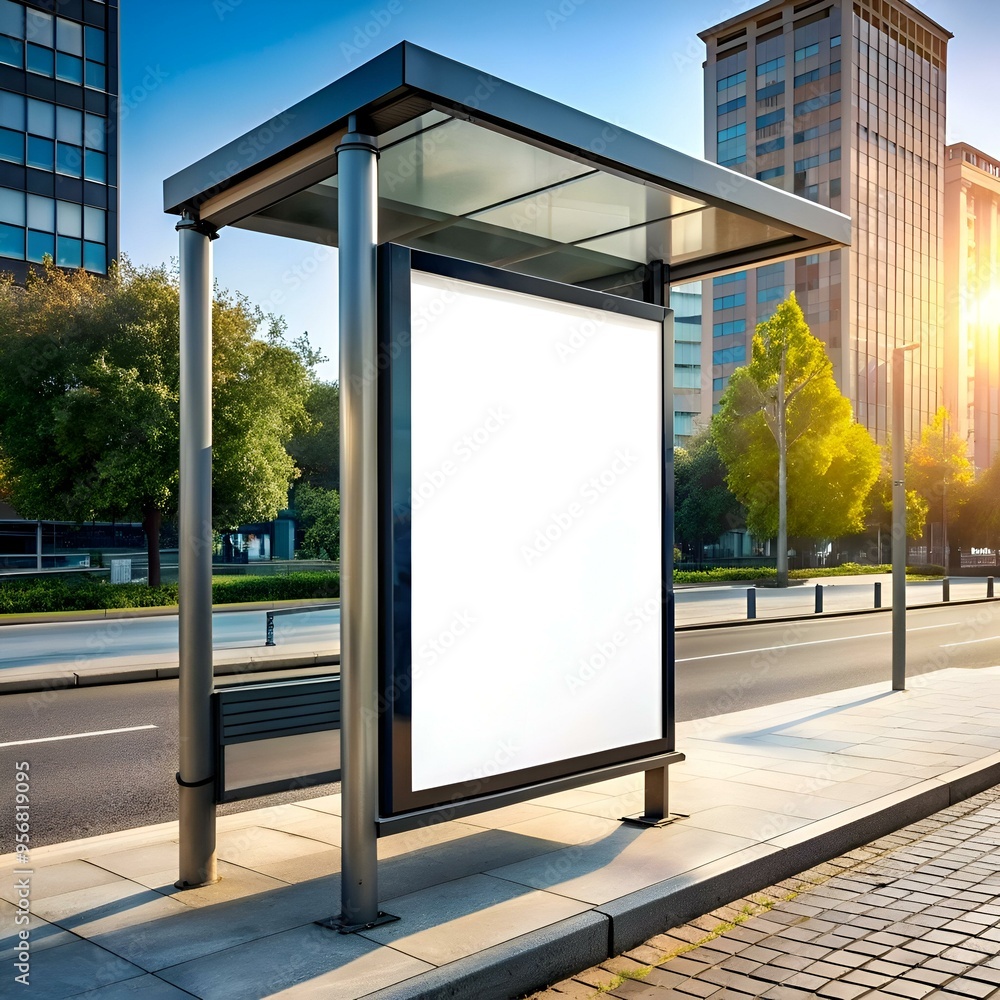 Poster blank billboard mockup in an urban setting with buildings and trees in the background.