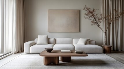 Minimalist living room featuring a neutral sofa low profile coffee table and simple wall art creating a serene and inviting atmosphere for relaxation and content