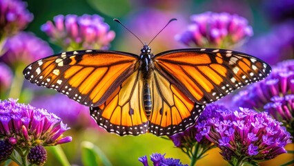 Naklejka premium A golden crowned monarch butterfly perches majestically on a vibrant purple flower, its delicate wings spread wide, exuding regality and serenity in a natural setting.
