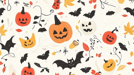 Halloween Pumpkin and Bat Seamless Pattern