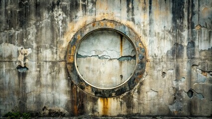 A grimy, worn-out circle on a dirty, urban concrete wall, surrounded by cracks and stains, with a subtle gradient of grime and faded colors.