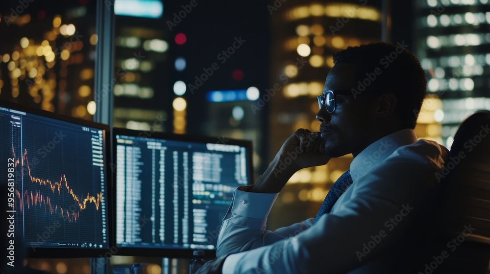 Poster a focused individual analyzes stock market data on multiple screens in a modern office setting at ni