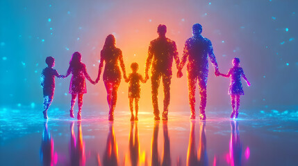 3D Holographic Family Diversity with Glowing Inclusion Symbol concept as A sleek copy space photo showcasing a holographic interracial family with a glowing inclusion symbol representing diversity wit