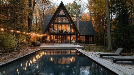 Fototapeta premium photography for interior magazine, architecture photgraph, realisitc, wide angle shot of an a frame house in new england in autumn, woods, bay, lights, pool, string lights