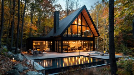 Obraz premium photography for interior magazine, architecture photgraph, realisitc, wide angle shot of an a frame house in new england in autumn, woods, bay, lights, pool, string lights