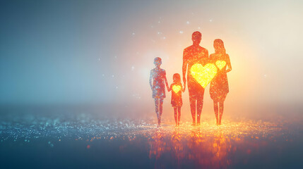 Fototapeta premium 3D Holographic Family Silhouettes with Glowing Hearts concept as A vibrant copy space photo featuring glowing holographic family silhouettes with heart symbols representing the love within an interrac