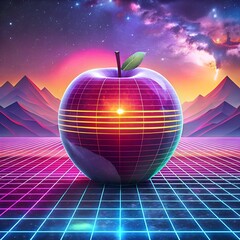A vibrant 3D illustration of a futuristic apple. set against a retro futuristic landscape.
