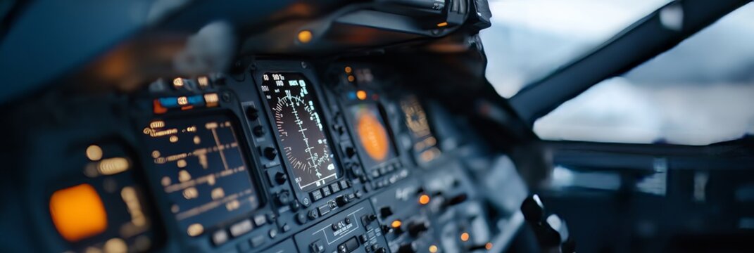 An airplane cockpit showcasing various controls and instruments, highlighting advanced avionics and piloting precision.