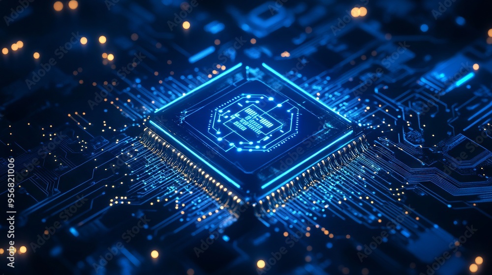 Poster ai chip and abstract digital atom icon on technology background. science tech bg. circuit light line