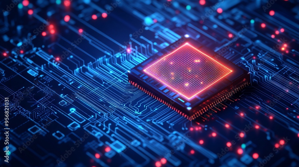 Poster ai chip and abstract digital atom icon on technology background. science tech bg. circuit light line