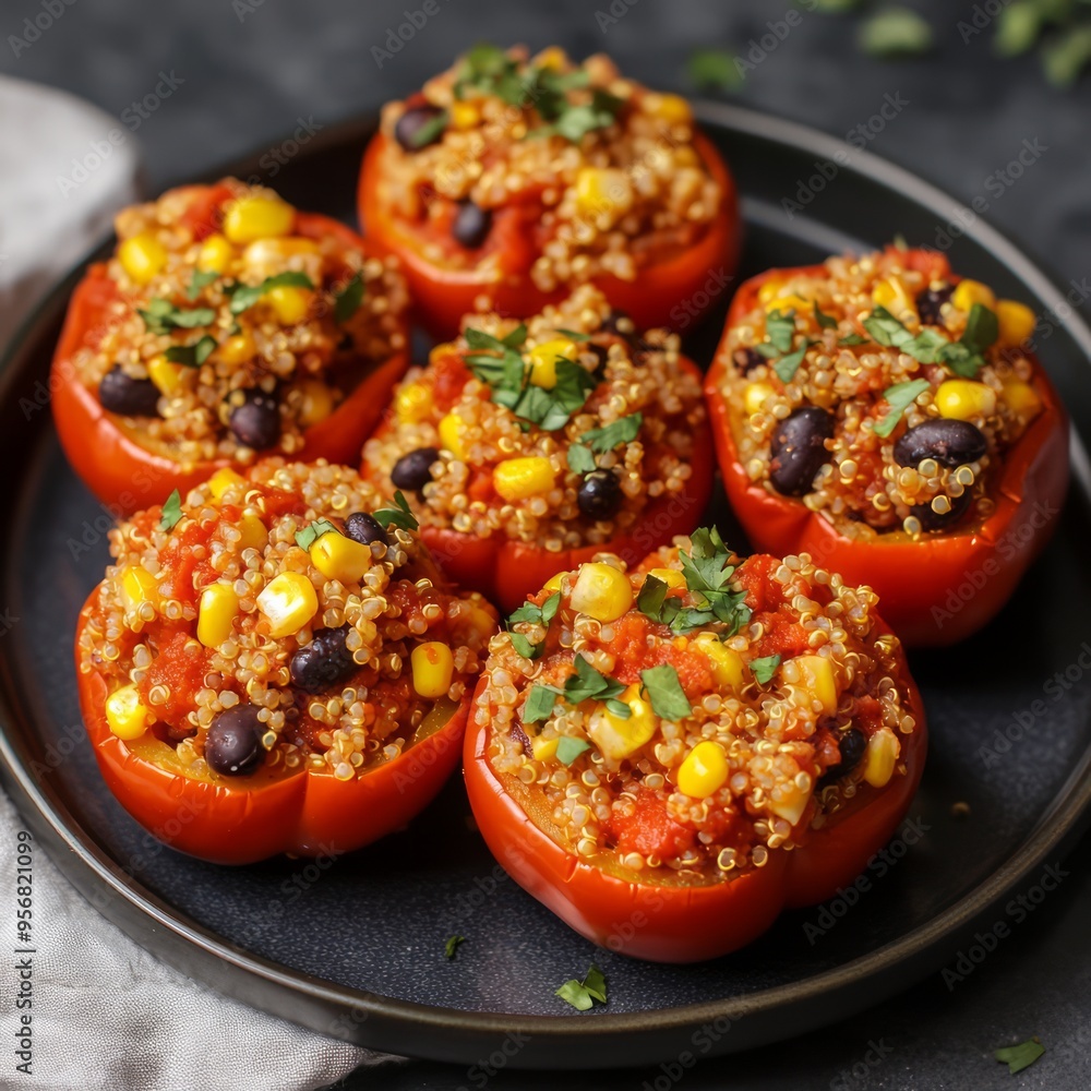 Wall mural Six red tomatoes stuffed with quinoa, corn, black beans, and cilantro on a black plate.