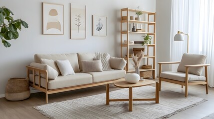 Naklejka premium Tranquil and Stylish Scandinavian Inspired Living Room with Warm Wooden Accents and Minimalist Monochromatic Color Scheme