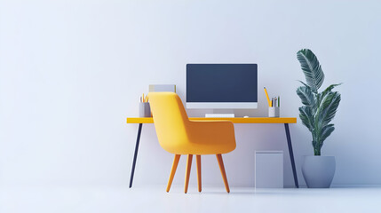 3D Icon Desktop and chair with Remote Work Setup text in a border frame with copy space concept as Camera movement Pan across the desktop and chair focusing on the text. Scene Organized and modern lay
