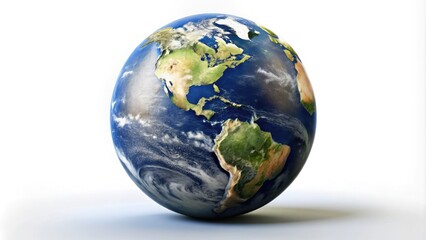 Fototapeta premium A high-contrast, isolated illustration of Earth, rendered in stunning detail, set against a pure white background, highlighting the planet's majestic beauty and fragile uniqueness.