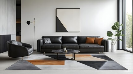 Spacious and Sophisticated Minimalist Living Room Interior with Black Leather Sofa Chairs and Geometric Patterned Area Rug on Hardwood Flooring