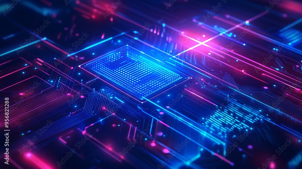 Poster ai chip and abstract digital atom icon on technology background. science tech bg. circuit light line