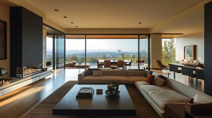 Serene and Spacious Modern Living Room with Panoramic View and Sleek Furniture  Bright open plan layout with minimalist contemporary design elements and natural light flooding the space