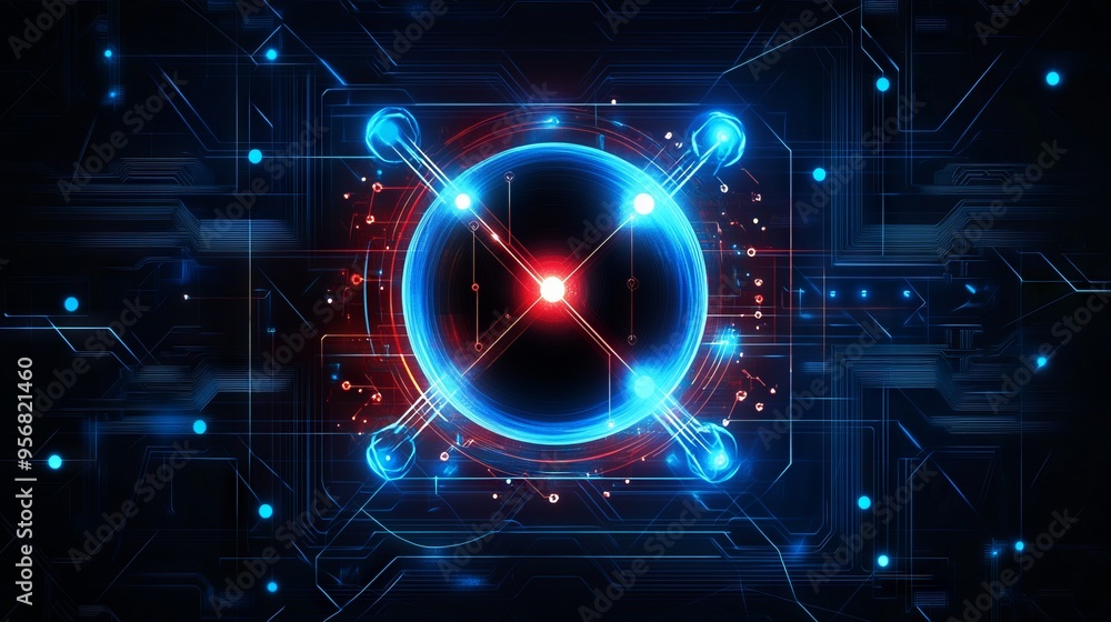 Poster ai chip and abstract digital atom icon on technology background. science tech bg. circuit light line