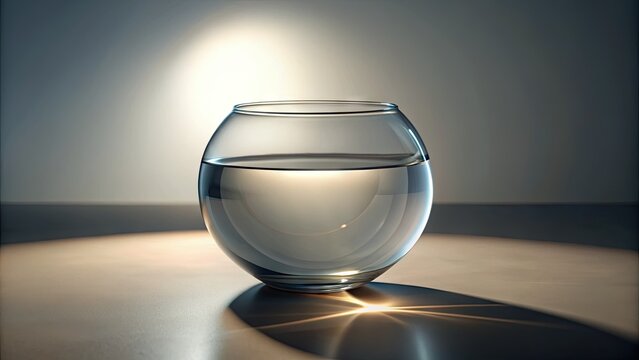 A isolated, transparent glass fishbowl sits on a clear surface, devoid of water and life, surrounded by subtle shadows and warm, natural light.