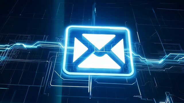 Neon email icon on digital futuristic interface with blue circuit background, 4k video