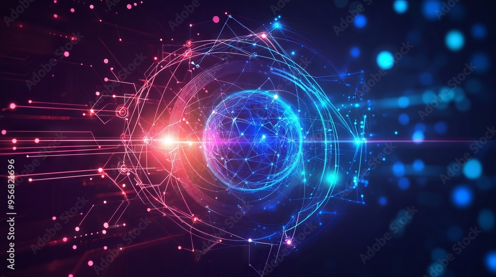 Poster ai chip and abstract digital atom icon on technology background. science tech bg. circuit light line