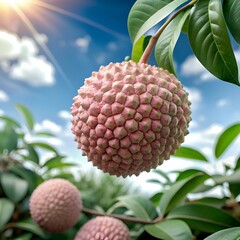A close up 3D illustration of a vibrant pink lychee hanging from a branch against a sunny blue sky.