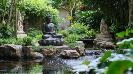 Tranquil Meditation Garden, a serene retreat adorned with peaceful statues, lush greenery, gentle pathways, inviting spaces for reflection and mindfulness, and soothing ambiance.