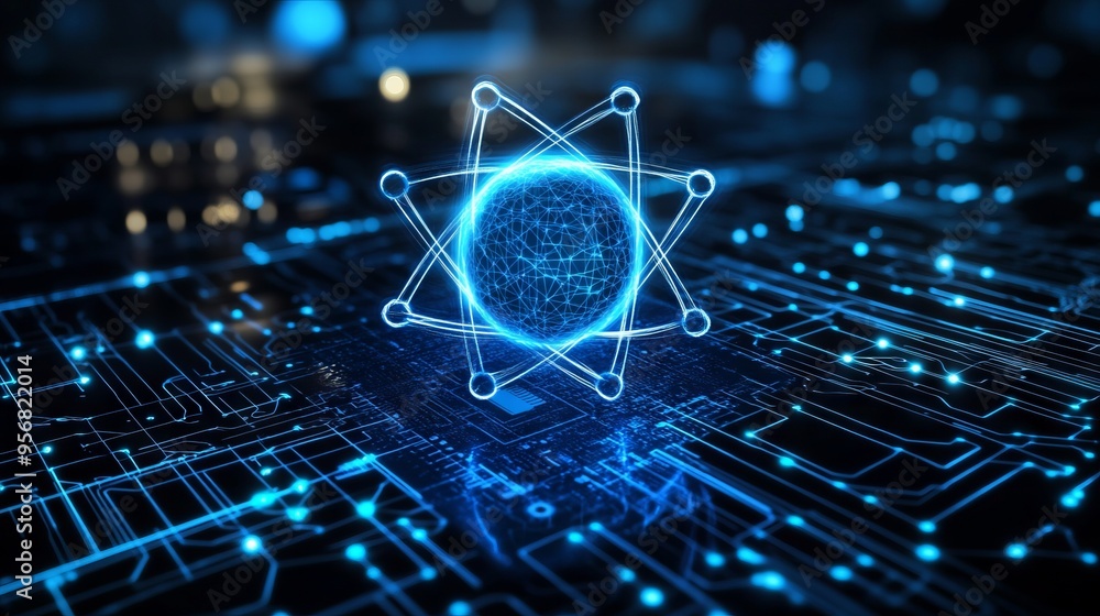 Poster ai chip and abstract digital atom icon on technology background. science tech bg. circuit light line