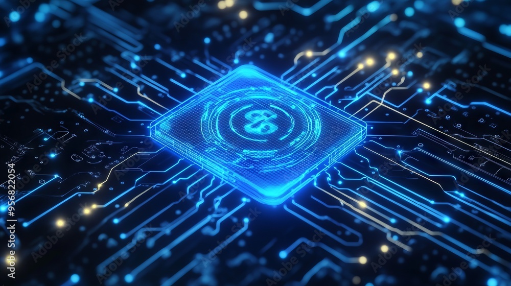 Poster ai chip and abstract digital atom icon on technology background. science tech bg. circuit light line