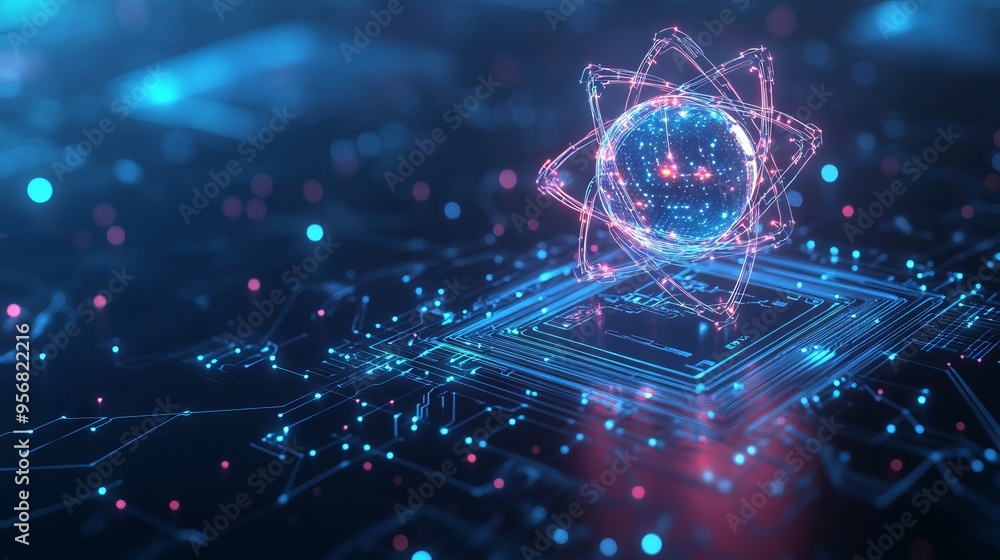 Poster ai chip and abstract digital atom icon on technology background. science tech bg. circuit light line
