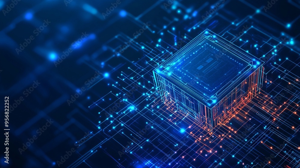 Poster ai chip and abstract digital atom icon on technology background. science tech bg. circuit light line