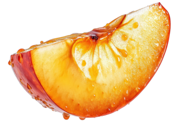 Close-up of a juicy apple slice drizzled with liquid caramel, showcasing vibrant colors and a glossy finish.