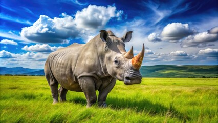 Fototapeta premium A large southern square-lipped rhinoceros with gray skin and distinctive square upper lip roams freely in a lush green savannah under a bright blue sky.