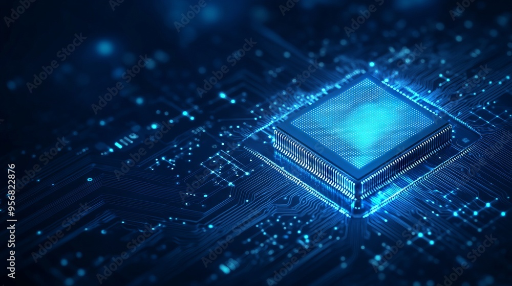 Poster ai chip and abstract digital atom icon on technology background. science tech bg. circuit light line