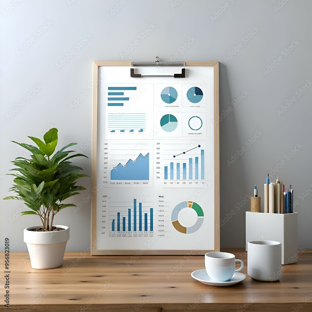 Poster a clean and modern office desk with a clipboard displaying a colorful and informative chart.