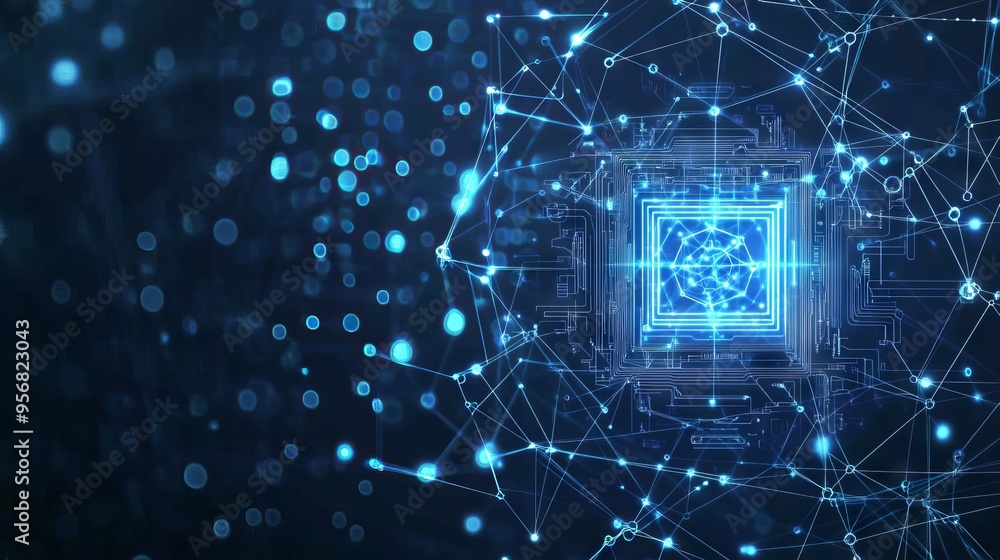 Poster ai chip and abstract digital atom icon on technology background. science tech bg. circuit light line