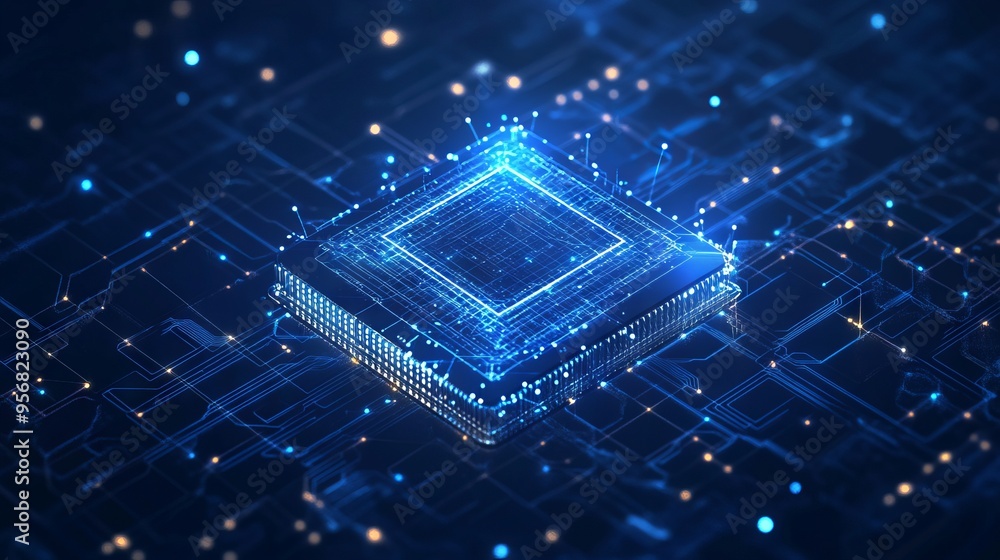 Poster ai chip and abstract digital atom icon on technology background. science tech bg. circuit light line
