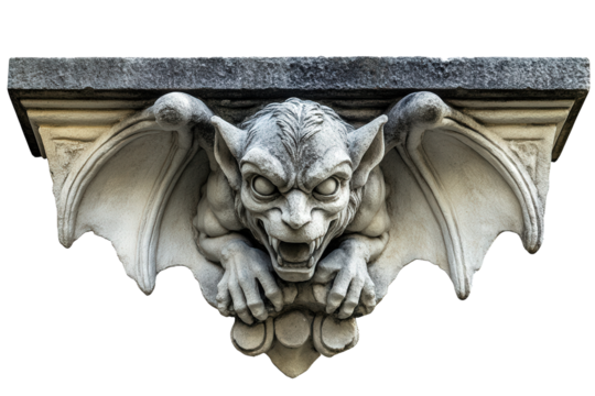 A striking stone gargoyle sculpture with bat-like wings, showcasing detailed craftsmanship and fierce expression.
