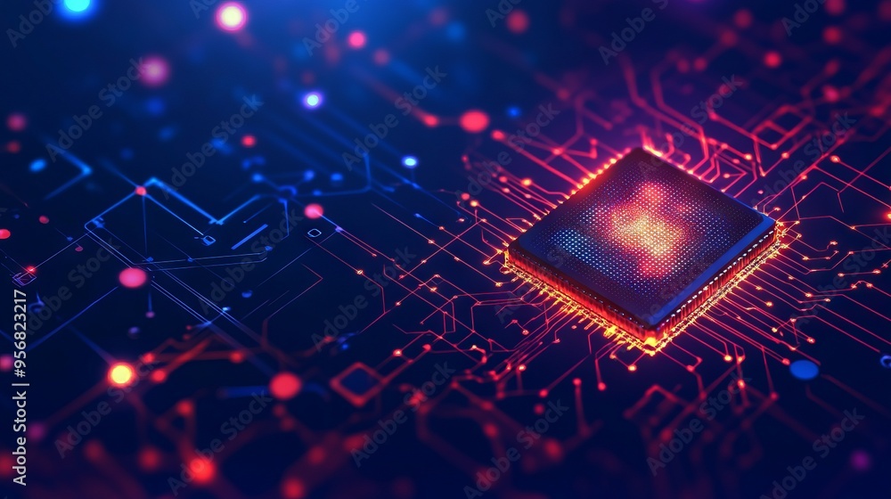 Poster ai chip and abstract digital atom icon on technology background. science tech bg. circuit light line