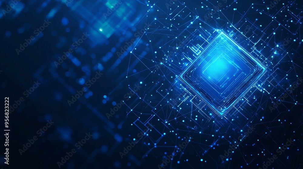 Poster ai chip and abstract digital atom icon on technology background. science tech bg. circuit light line