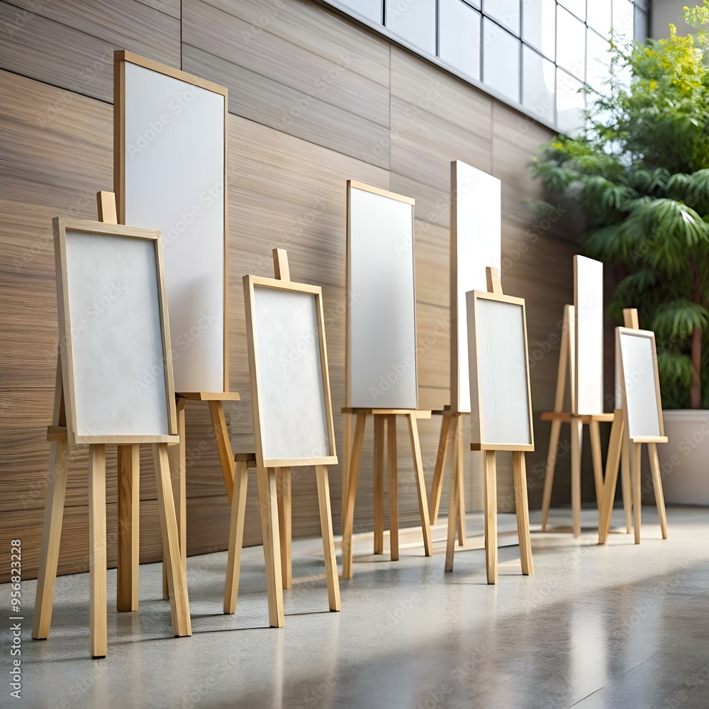 Aufkleber blank canvases on easels create a minimalist and modern gallery setting. perfect for showcasing your