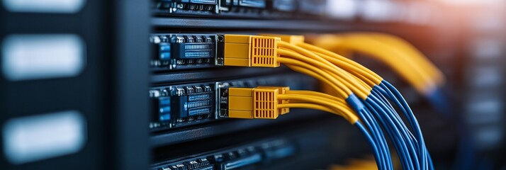 A detailed view of connected cables in a server rack, illustrating the high-tech environment of modern data centers.