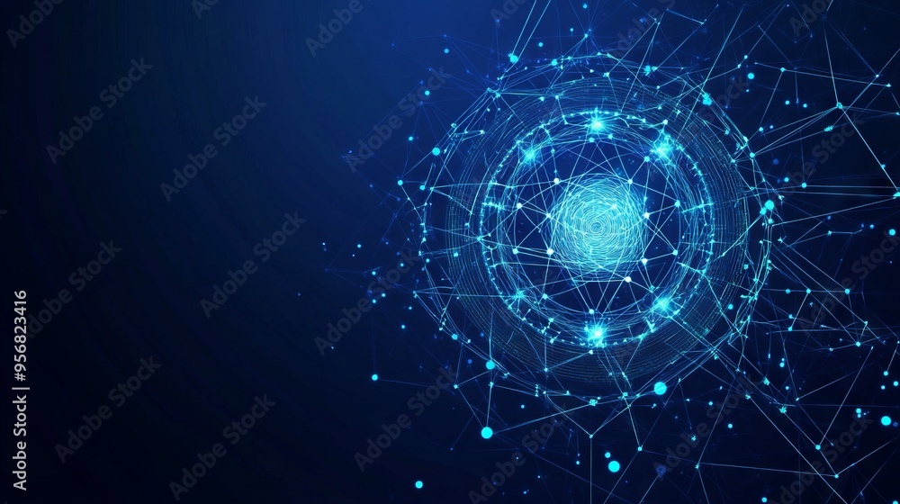 Poster ai chip and abstract digital atom icon on technology background. science tech bg. circuit light line