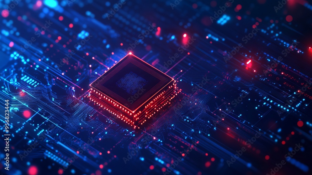 Poster ai chip and abstract digital atom icon on technology background. science tech bg. circuit light line