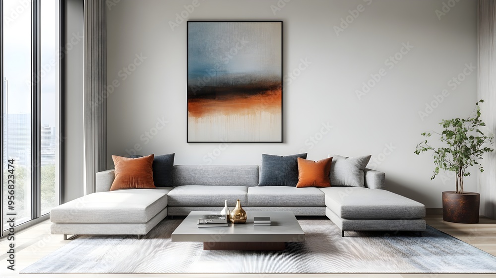 Poster captivating modern living room with a sleek sectional sofa abstract art on the walls and a minimalis
