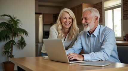A joyful senior couple working together on a laptop in their cozy home office during the afternoon