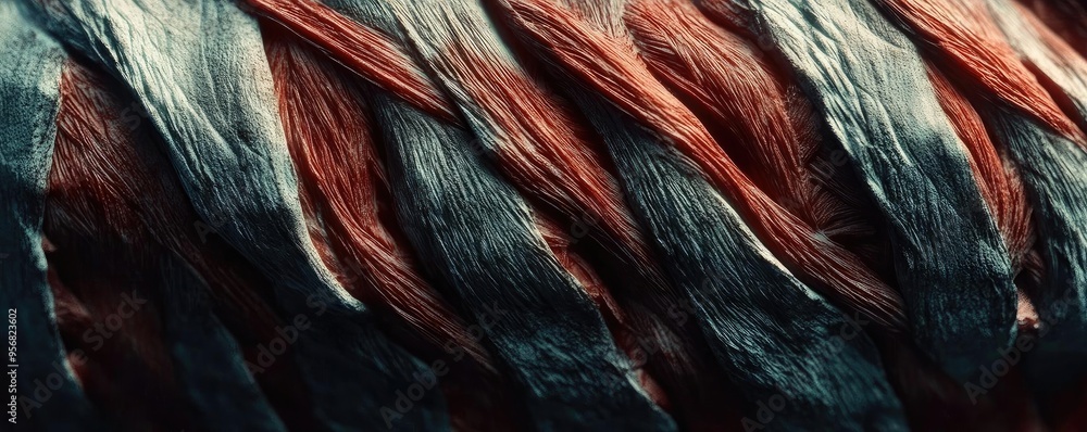 Poster close-up of textured fibers showcasing intricate weaving patterns and bold color contrasts, ideal fo
