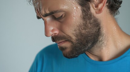 Obraz premium A contemplative man with a beard, showcasing sweat on his brow, embodies deep thought and emotional reflection.