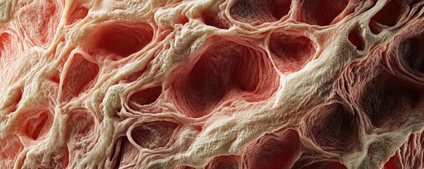 Close-up view of intricate tissue structure showcasing network of cells with soft textures and organic patterns.