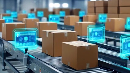 Packages on a conveyor belt with digital information screens. - Powered by Adobe